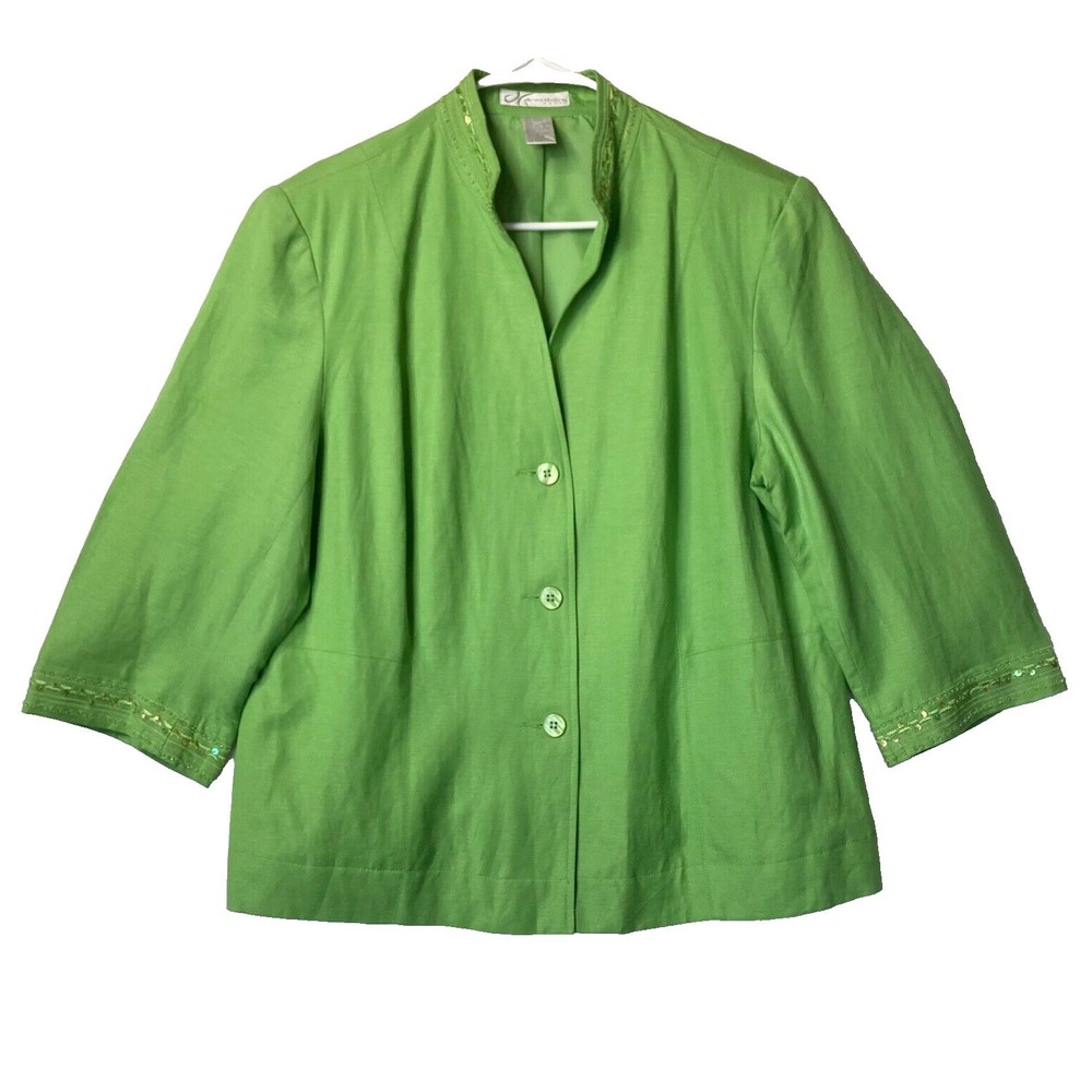 Dressbarn Linen Sequin Jacket Women 14W Career Holiday Lime Green Blazer 14 L XL